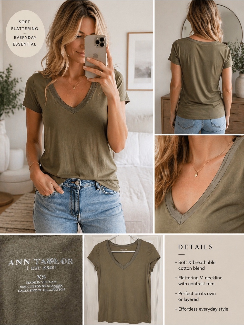 Ann Taylor Olive V-Neck Short Sleeve Tee – XS